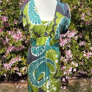 NWT Silk Biden Size 10Reg Vibrant Green and Gray Patterned Dress
